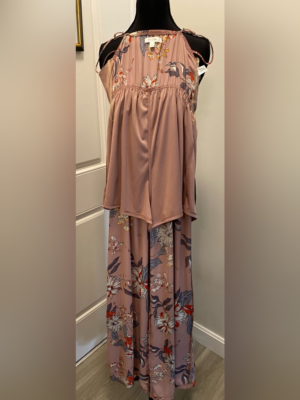 Active USA Mauve Floral Wrap-Front Wide-Leg Jumpsuit Size Small New - Picture 5 of 8